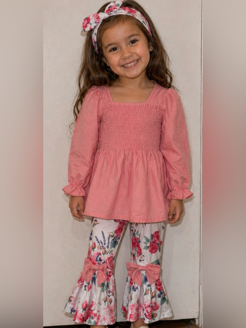Girls Pink Smocked Tunic Top and Floral Bow Pants Set